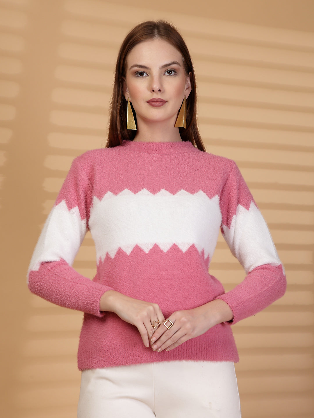 Pink & White Zigzag Pattern Woollen Sweater