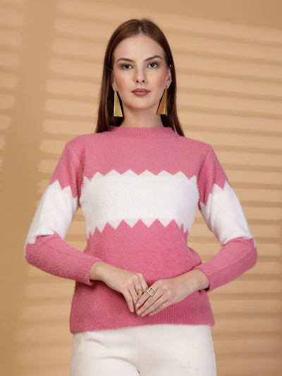 Pink & White Zigzag Pattern Knitting Sweaters Woollen Sweater, product photo showing color, pattern, and knit texture on a plain background