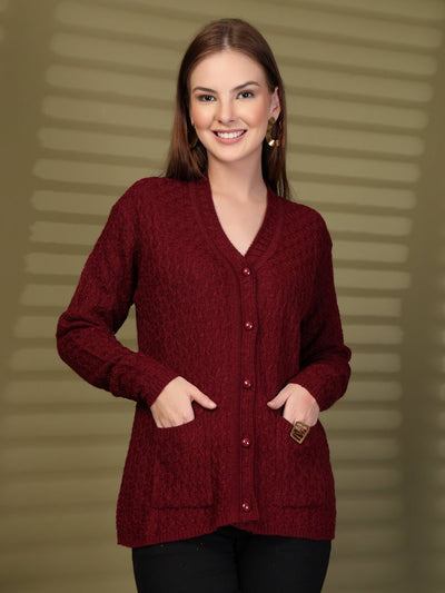 Maroon Textured Knitting Cardigan Knitted Button-Down Cardigan with Pockets, product photo showing color, pattern, and knit texture on a plain background