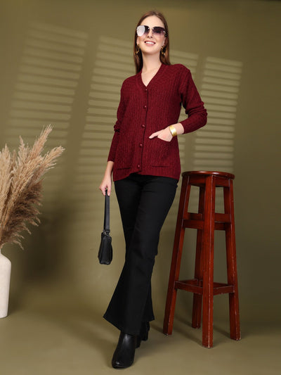 Maroon Textured Knitting Cardigan Knitted Button-Down Cardigan with Pockets, product photo showing color, pattern, and knit texture on a plain background