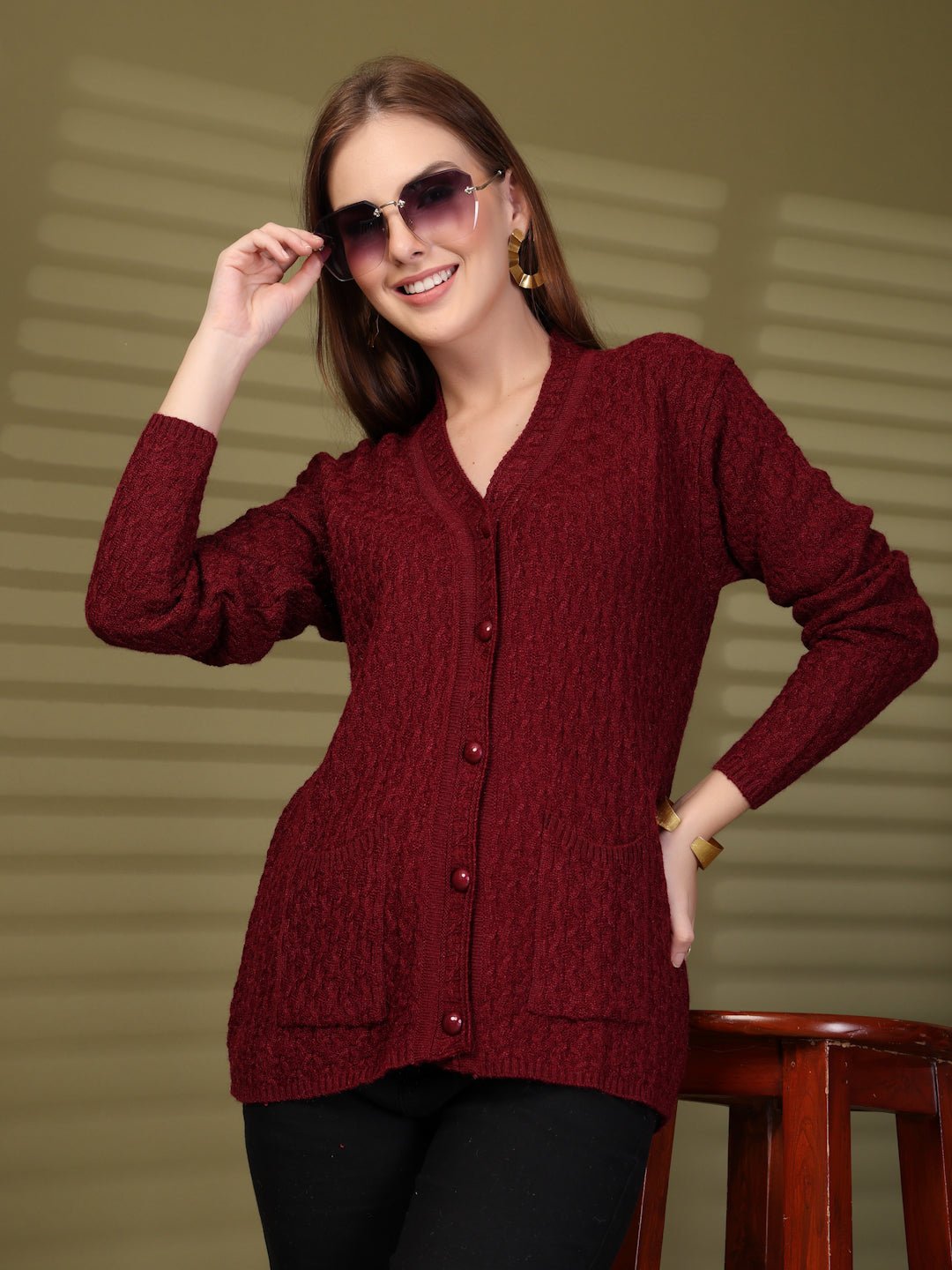 Maroon Textured Knitting Cardigan Knitted Button-Down Cardigan with Pockets, product photo showing color, pattern, and knit texture on a plain background