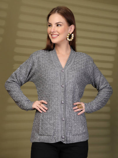 Dark Grey Textured Knitting Cardigan Knitted Button-Down Cardigan with Pockets, product photo showing color, pattern, and knit texture on a plain background
