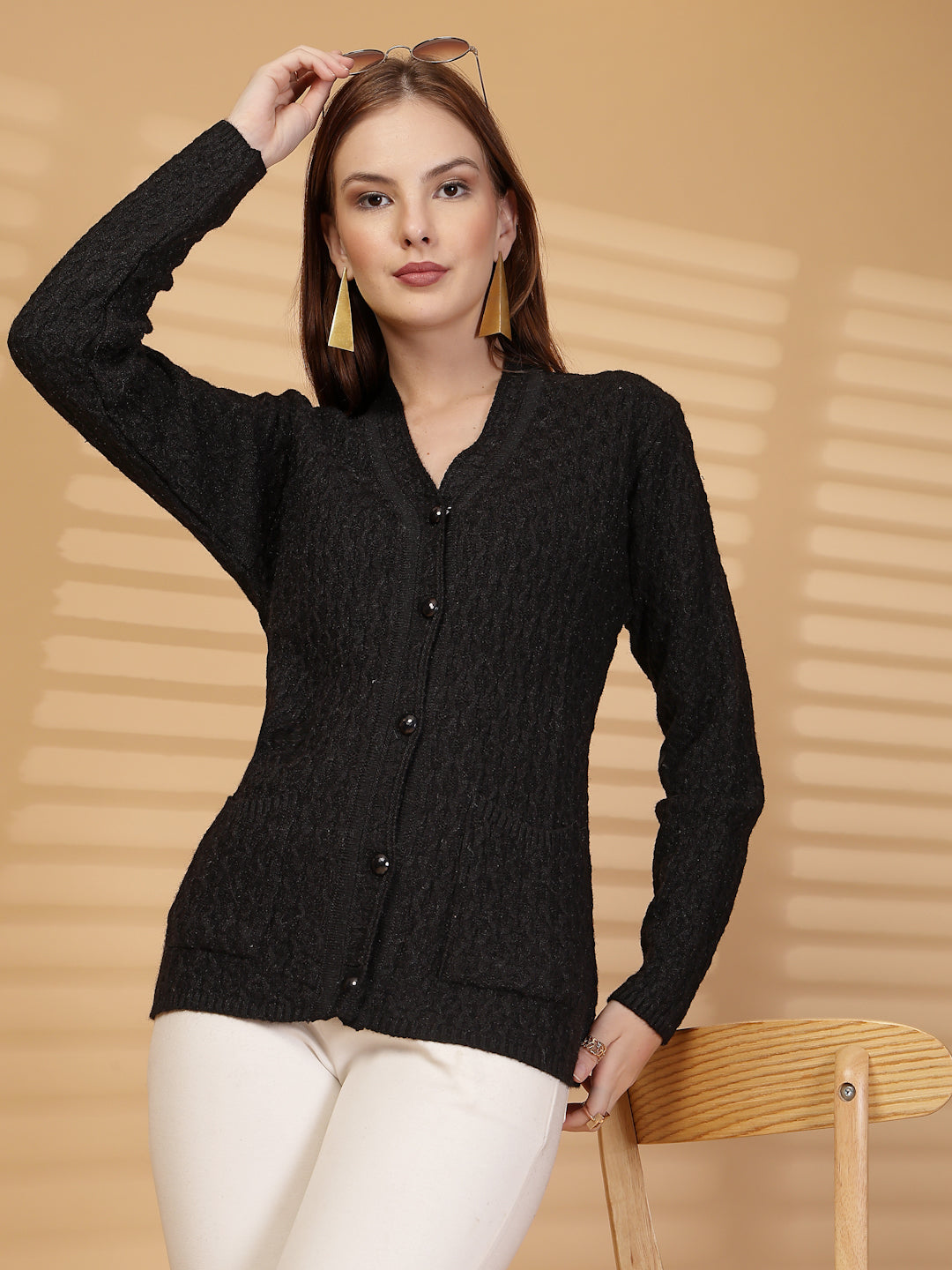 Black Textured Knitted Button-Down Cardigan with Pockets