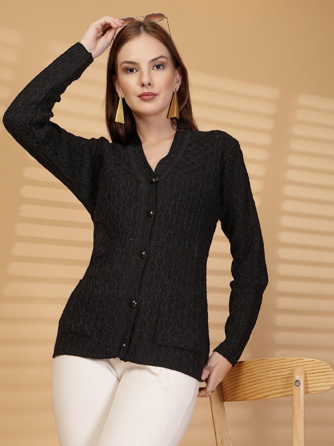 Black Textured Knitting Cardigan Knitted Button-Down Cardigan with Pockets, product photo showing color, pattern, and knit texture on a plain background