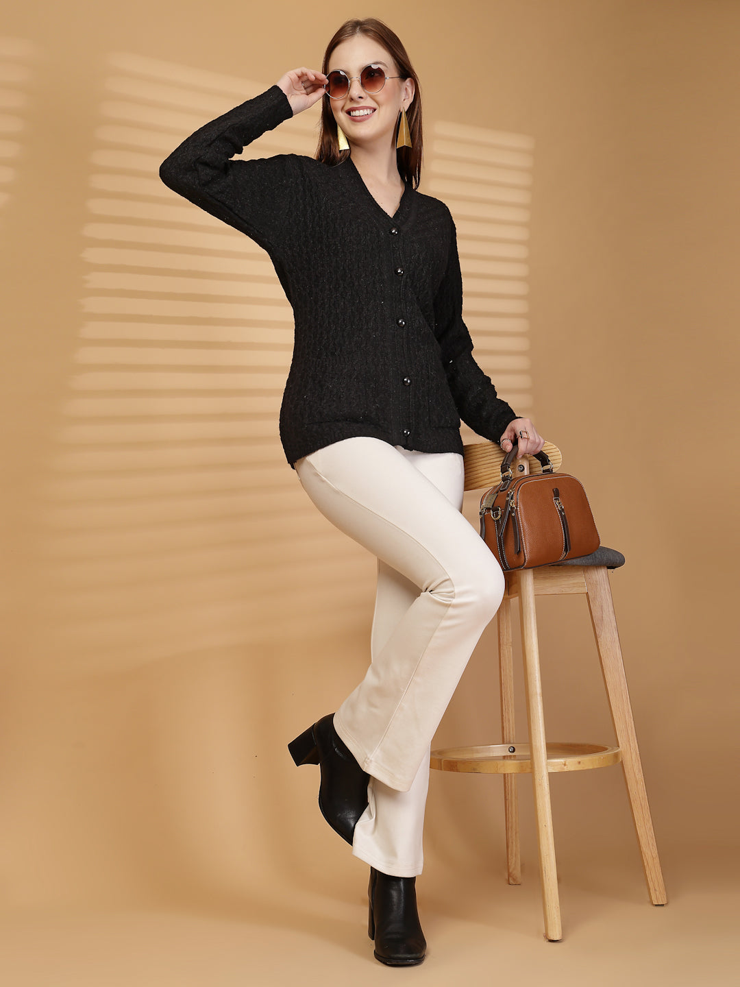 Black Textured Knitted Button-Down Cardigan with Pockets
