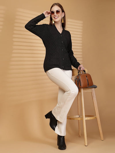Black Textured Knitting Cardigan Knitted Button-Down Cardigan with Pockets, product photo showing color, pattern, and knit texture on a plain background