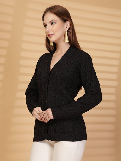 Black Textured Knitted Button-Down Cardigan with Pockets