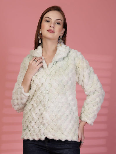 Pista Green Textured Knitting Cardigan Faux Fur Button-Down Cardigan, product photo showing color, pattern, and knit texture on a plain background