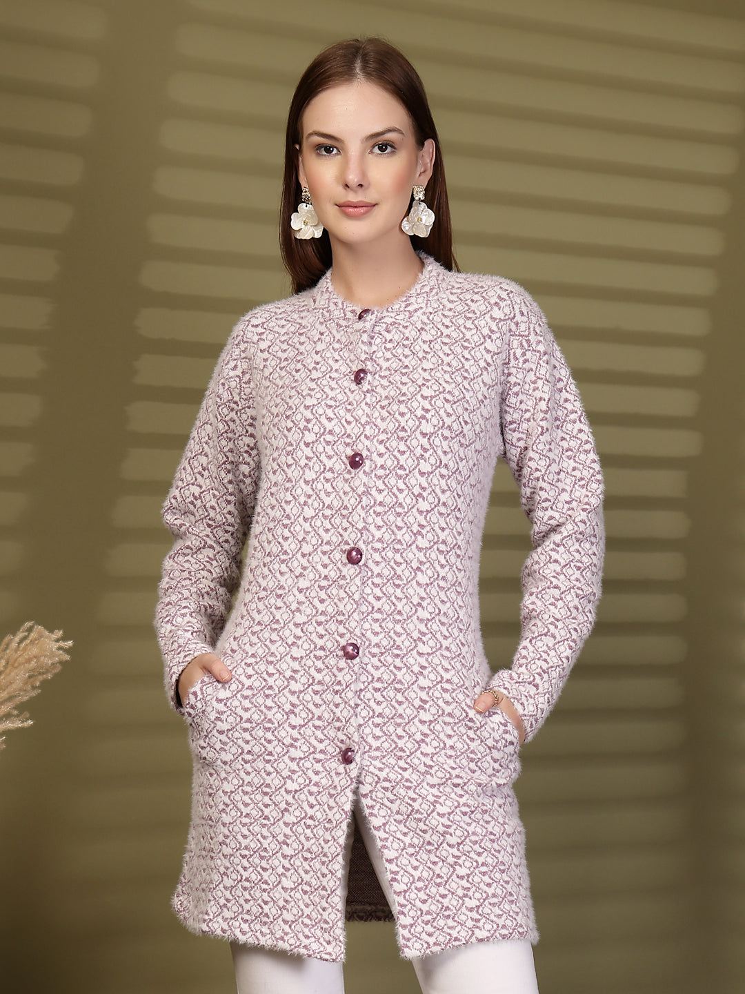 Lavender Longline Knitting Sweaters Knitted Button-Down Woollen Cardigan with Pockets, product photo showing color, pattern, and knit texture on a plain background