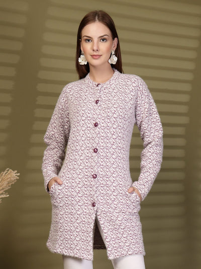 Lavender Longline Knitting Sweaters Knitted Button-Down Woollen Cardigan with Pockets, product photo showing color, pattern, and knit texture on a plain background