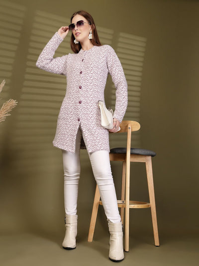 Lavender Longline Knitting Cardigan Knitted Button-Down Woollen Cardigan with Pockets, product photo showing color, pattern, and knit texture on a plain background