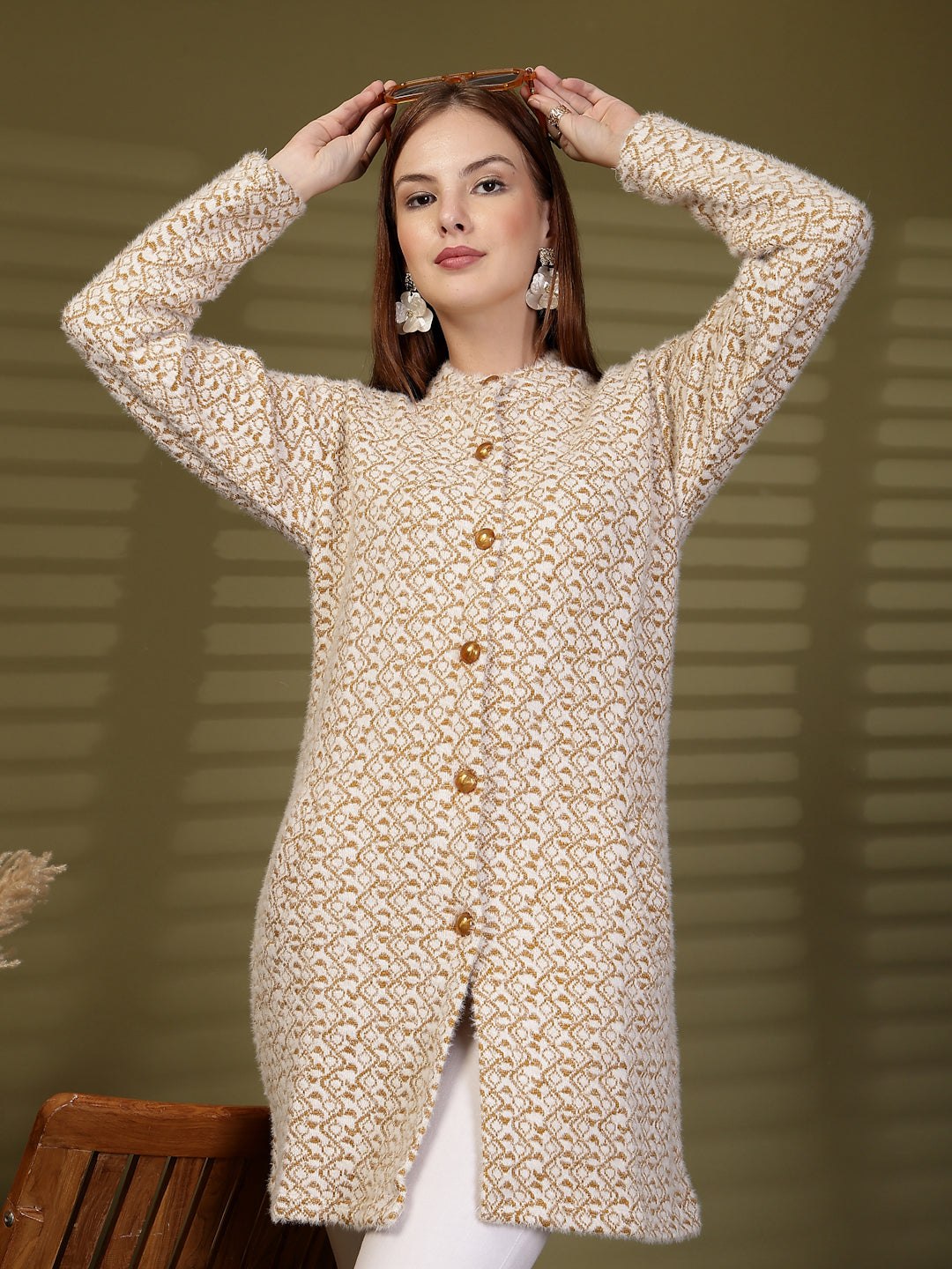 Brown Longline Knitting Cardigan Knitted Button-Down Woollen Cardigan with Pockets, product photo showing color, pattern, and knit texture on a plain background