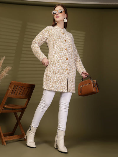 Brown Longline Knitting Cardigan Knitted Button-Down Woollen Cardigan with Pockets, product photo showing color, pattern, and knit texture on a plain background