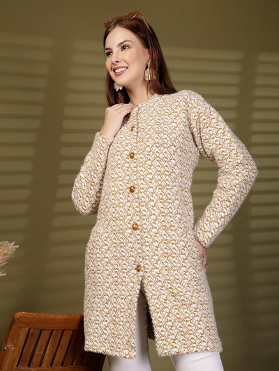 Brown Longline Knitting Cardigan Knitted Button-Down Woollen Cardigan with Pockets, product photo showing color, pattern, and knit texture on a plain background