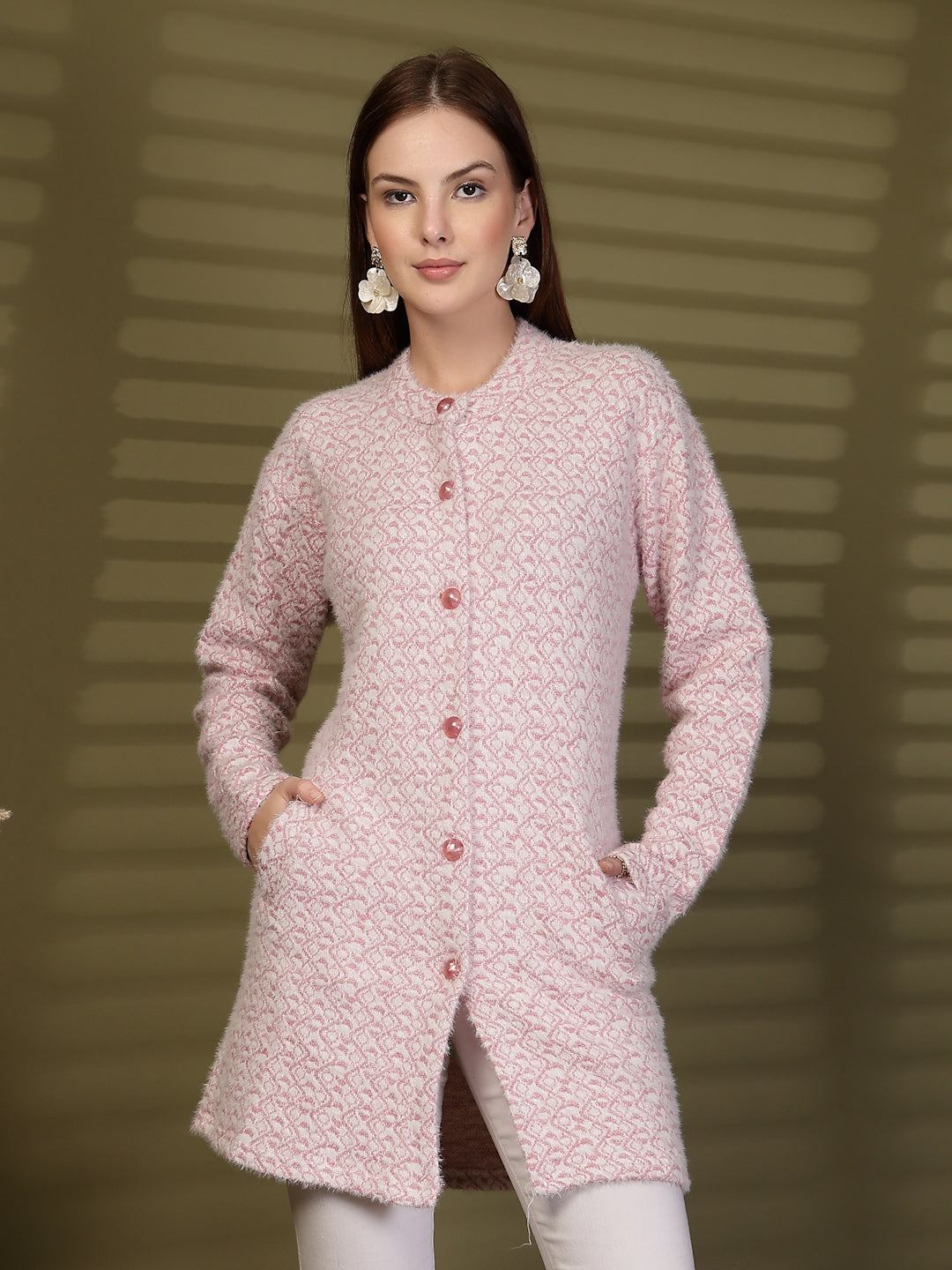Pink Longline Knitting Cardigan Knitted Button-Down Woollen Cardigan with Pockets, product photo showing color, pattern, and knit texture on a plain background