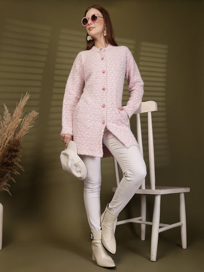 Pink Longline Knitting Cardigan Knitted Button-Down Woollen Cardigan with Pockets, product photo showing color, pattern, and knit texture on a plain background