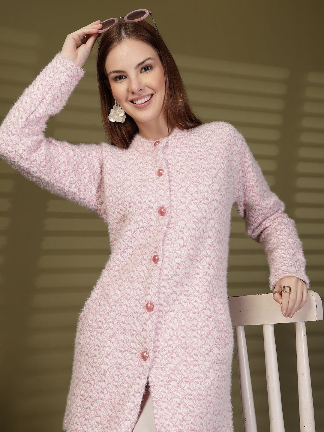 Pink Longline Knitting Cardigan Knitted Button-Down Woollen Cardigan with Pockets, product photo showing color, pattern, and knit texture on a plain background