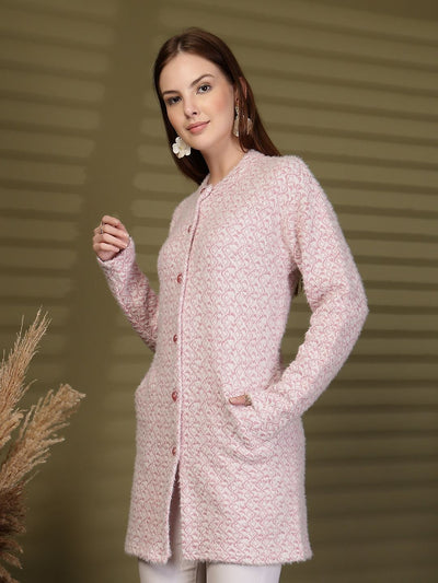 Pink Longline Knitting Cardigan Knitted Button-Down Woollen Cardigan with Pockets, product photo showing color, pattern, and knit texture on a plain background