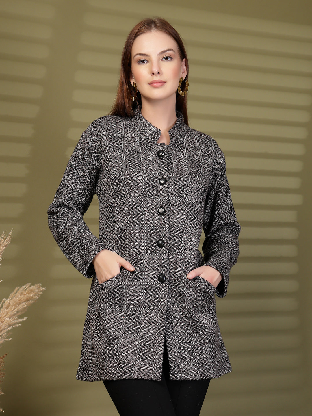 Black Textured Button-Down Woollen Cardigan with Pockets