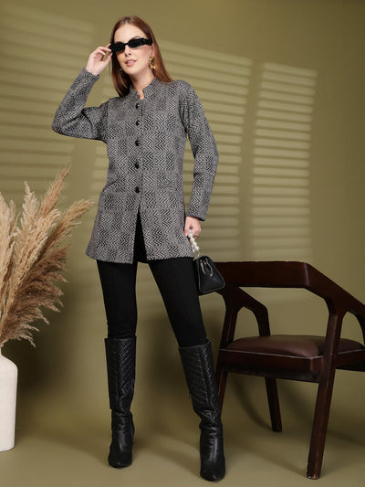 Black Textured Button-Down Woollen Cardigan with Pockets