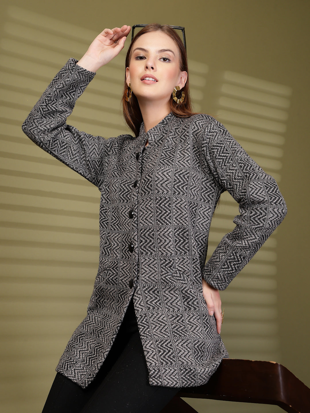 Black Textured Button-Down Woollen Cardigan with Pockets