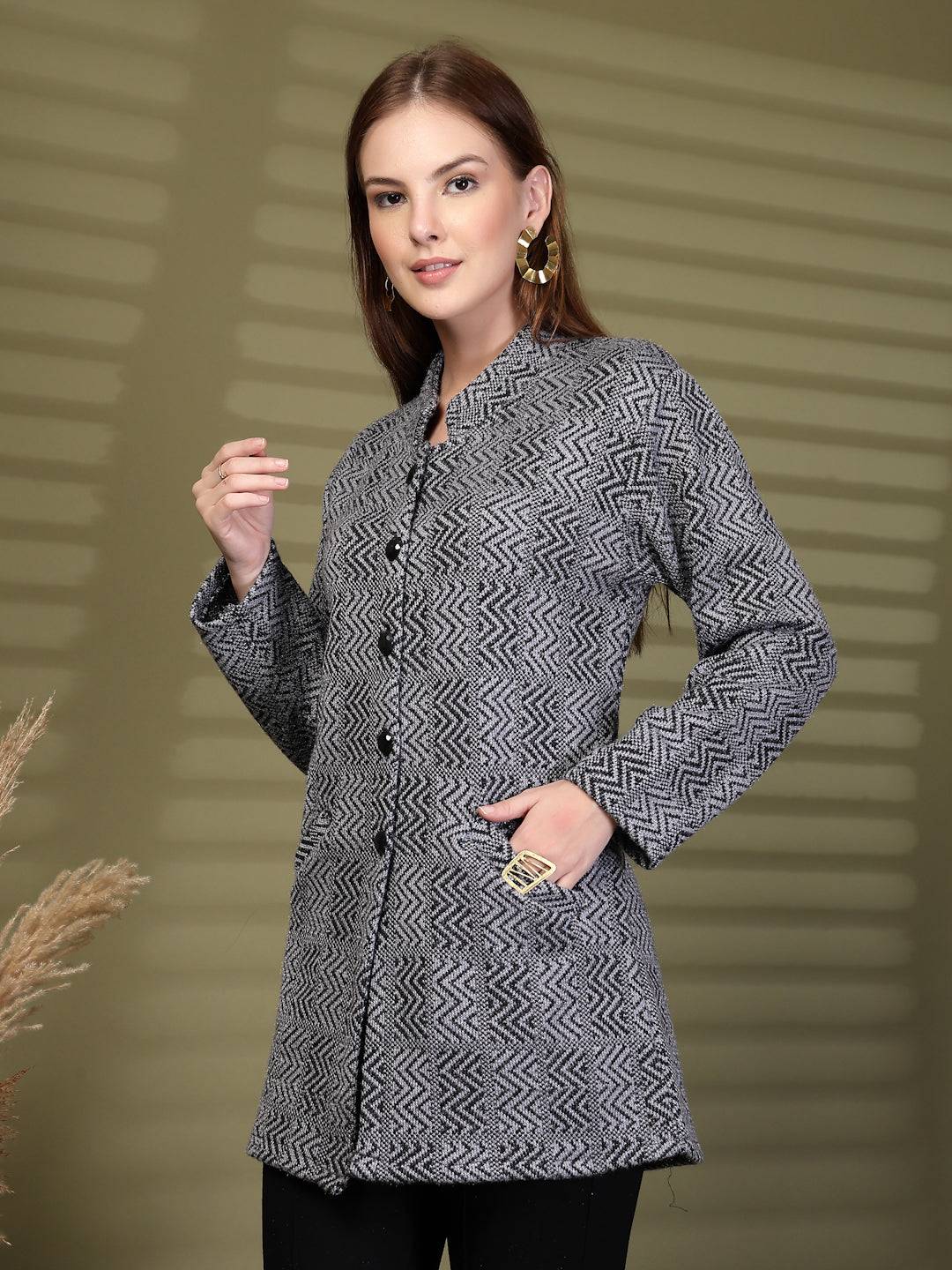 Grey Textured Knitting Cardigan Button-Down Woollen Cardigan with Pockets, product photo showing color, pattern, and knit texture on a plain background