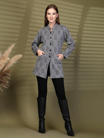 Grey Textured Knitting Cardigan Button-Down Woollen Cardigan with Pockets, product photo showing color, pattern, and knit texture on a plain background