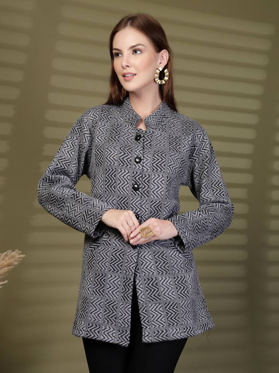 Grey Textured Knitting Cardigan Button-Down Woollen Cardigan with Pockets, product photo showing color, pattern, and knit texture on a plain background