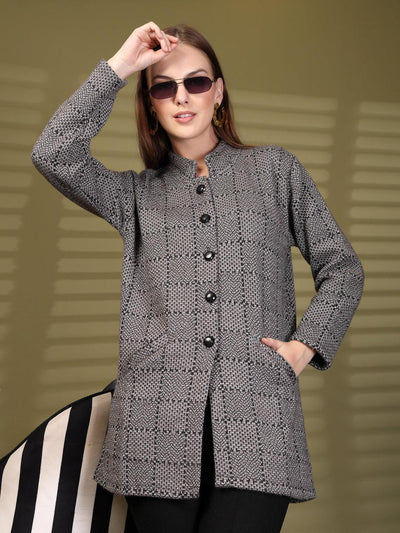 Grey Textured Knitting Cardigan Button-Down Woollen Cardigan with Pockets, product photo showing color, pattern, and knit texture on a plain background