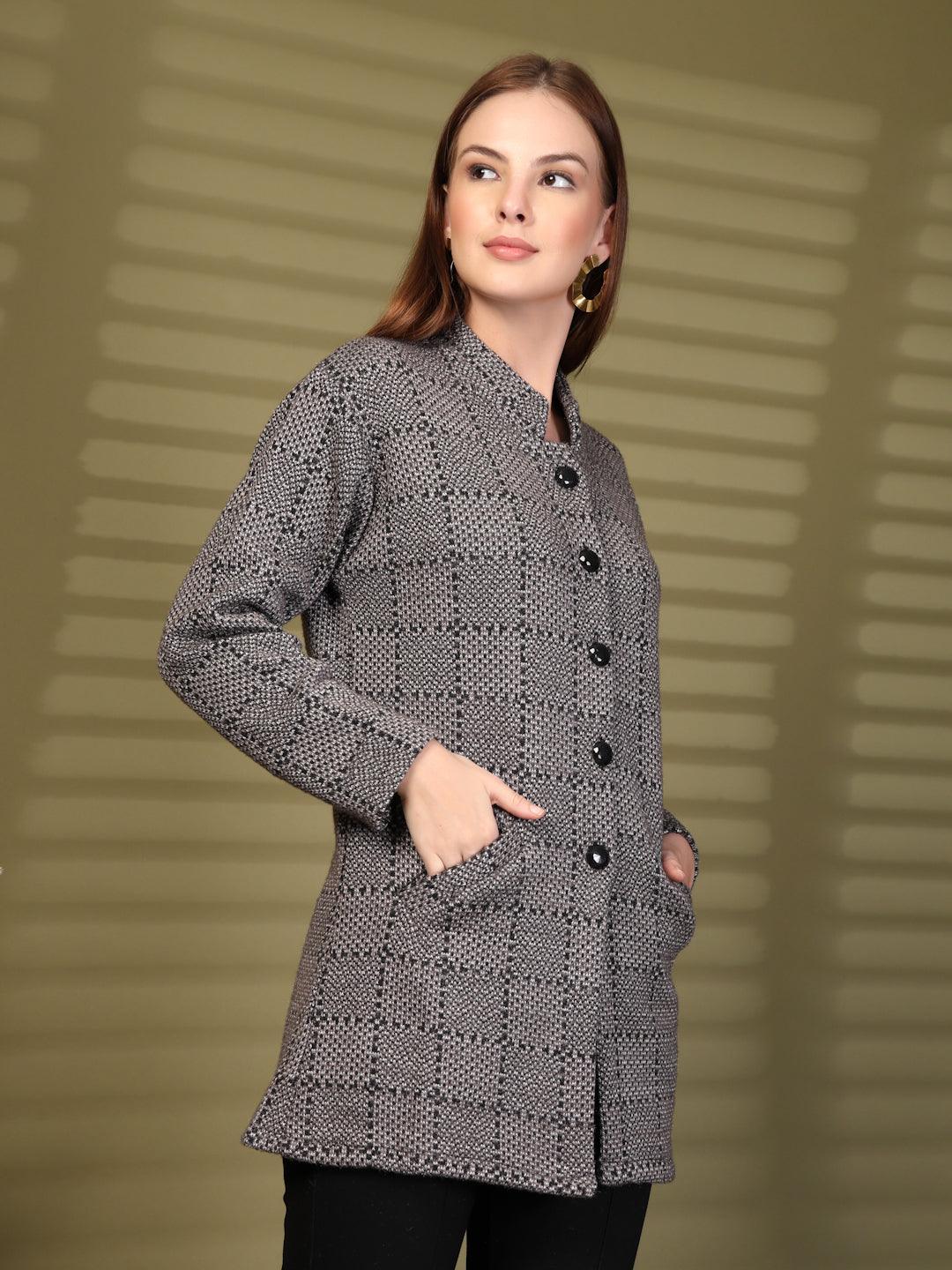 Grey Textured Knitting Cardigan Button-Down Woollen Cardigan with Pockets, product photo showing color, pattern, and knit texture on a plain background