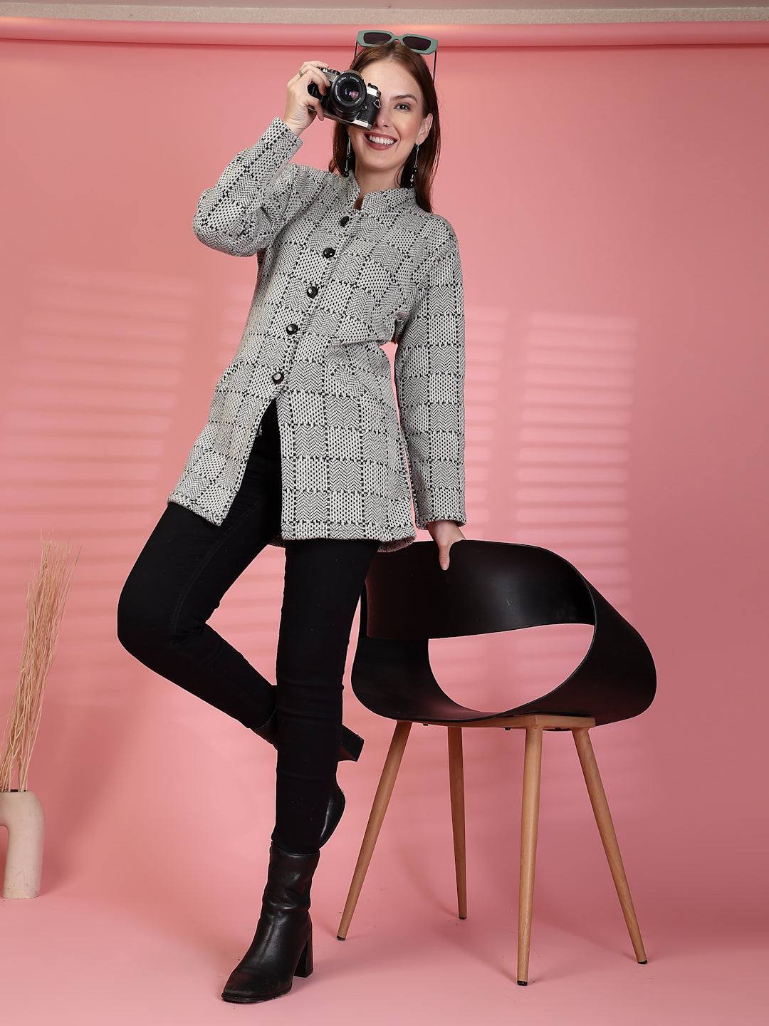 Pista Green Textured Knitting Cardigan Button-Down Woollen Cardigan with Pockets, product photo showing color, pattern, and knit texture on a plain background