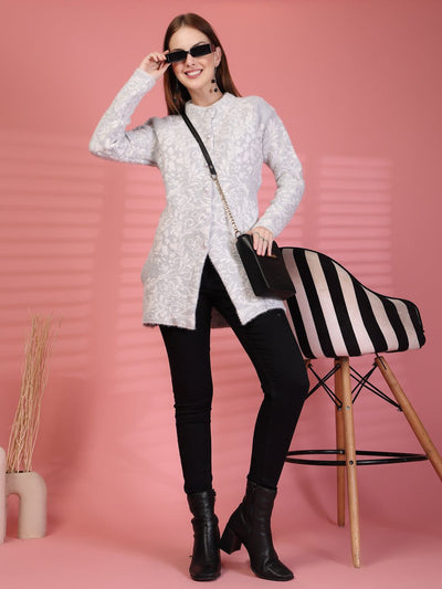 Grey Textured Knitting Cardigan Button-Down Woollen Cardigan with Pockets, product photo showing color, pattern, and knit texture on a plain background