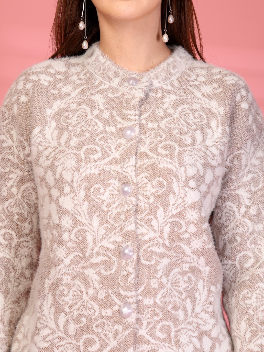 Brown Textured Knitting Cardigan Button-Down Woollen Cardigan with Pockets, product photo showing color, pattern, and knit texture on a plain background