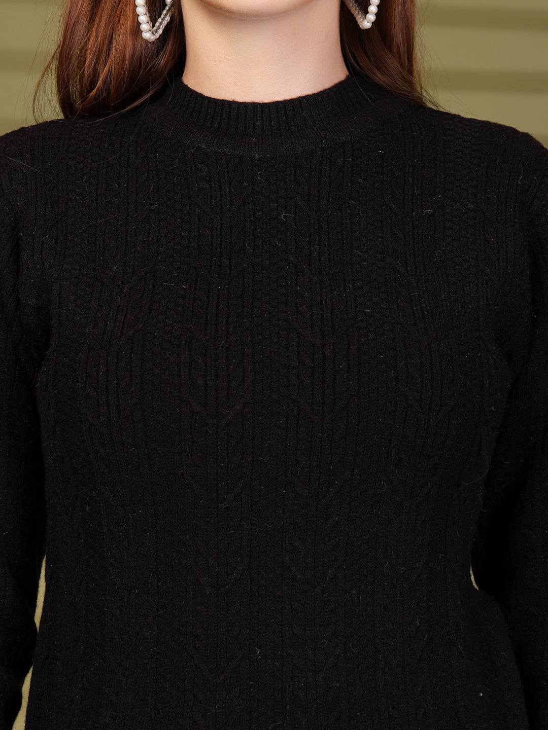 Black Textured Knitting Sweaters High Neck Woollen Sweater, product photo showing color, pattern, and knit texture on a plain background