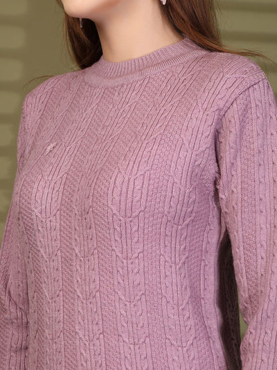 Pink Textured Knitting Sweaters High Neck Woollen Sweater, product photo showing color, pattern, and knit texture on a plain background