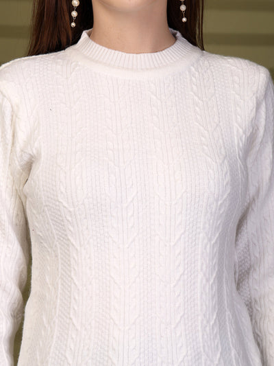 White Textured High Neck Woollen Sweater