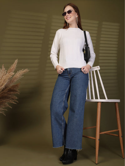 White Textured High Neck Woollen Sweater