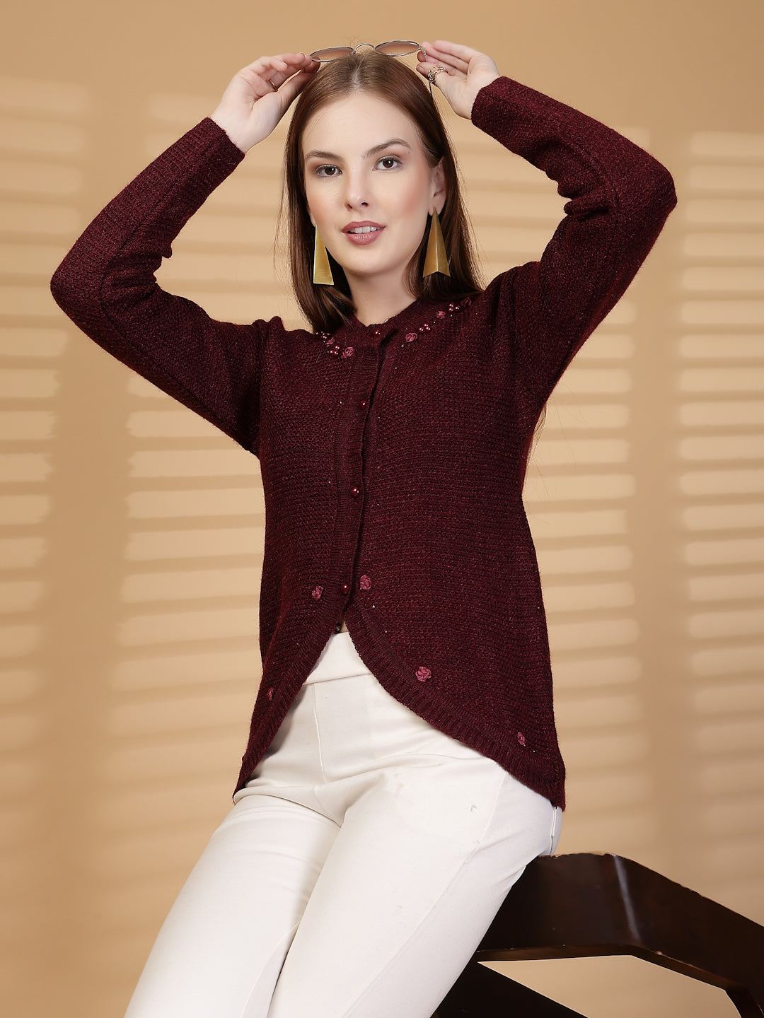 Maroon Embellished Knitting Cardigan Knitted Button-Down Woollen Cardigan, product photo showing color, pattern, and knit texture on a plain background