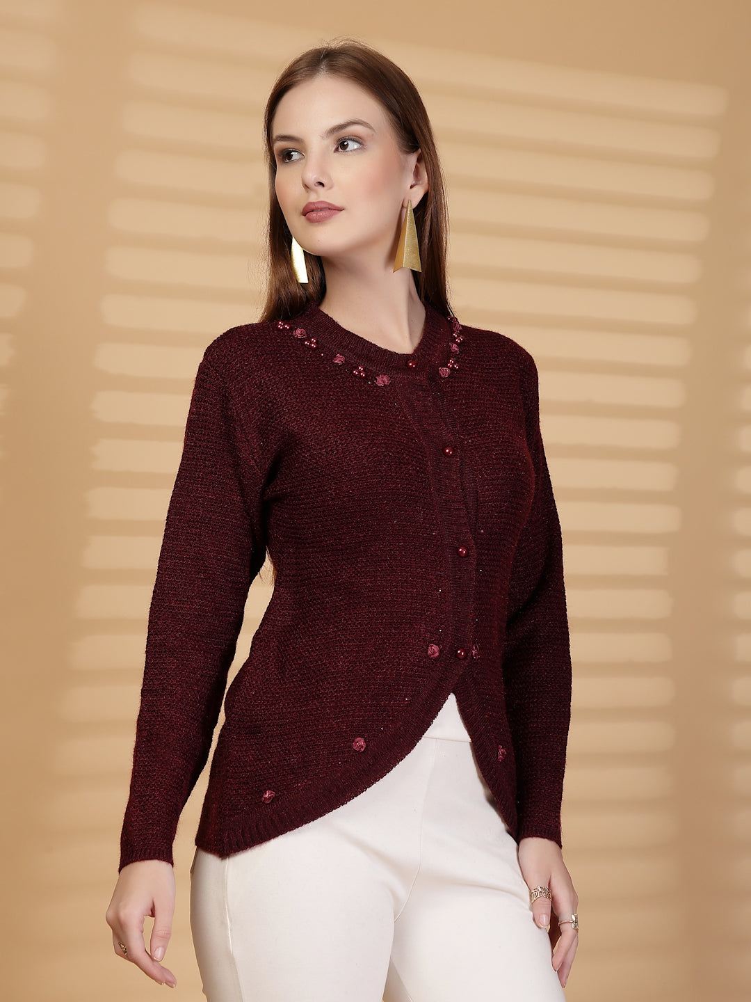 Maroon Embellished Knitting Cardigan Knitted Button-Down Woollen Cardigan, product photo showing color, pattern, and knit texture on a plain background