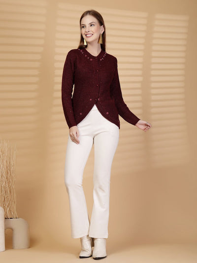 Maroon Embellished Knitting Cardigan Knitted Button-Down Woollen Cardigan, product photo showing color, pattern, and knit texture on a plain background