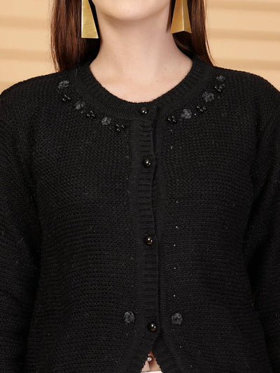 Black Embellished Knitting Cardigan Knitted Button-Down Woollen Cardigan, product photo showing color, pattern, and knit texture on a plain background