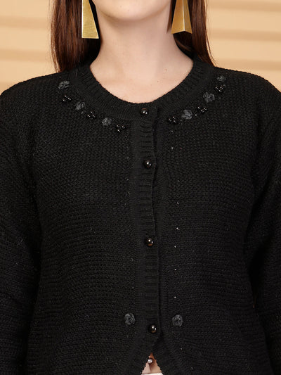 Black Embellished Knitted Button-Down Woollen Cardigan