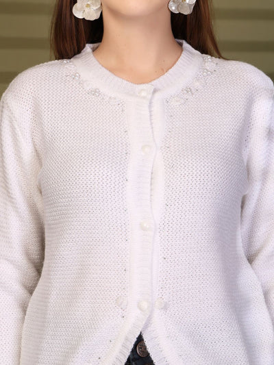 White Embellished Knitting Cardigan Knitted Button-Down Woollen Cardigan, product photo showing color, pattern, and knit texture on a plain background