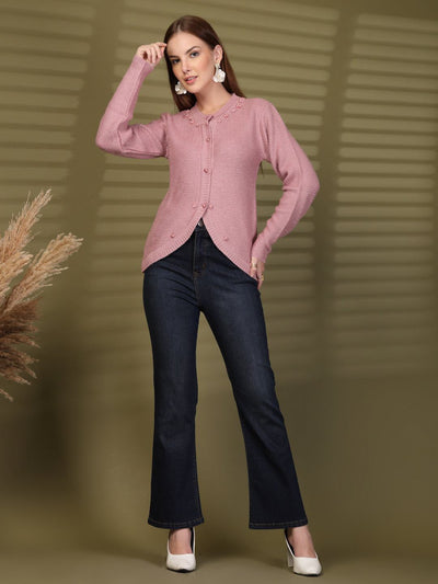 Pink Embellished Knitting Cardigan Knitted Button-Down Woollen Cardigan, product photo showing color, pattern, and knit texture on a plain background