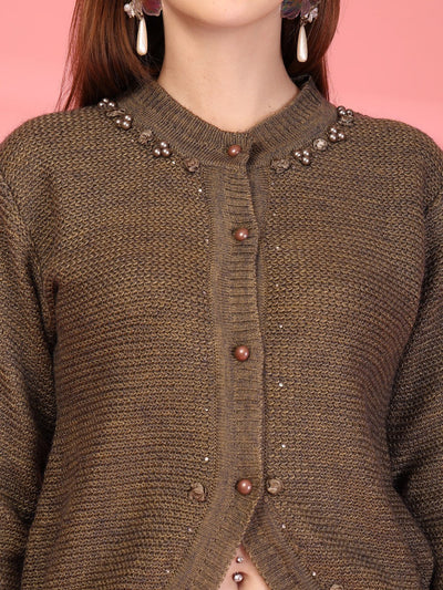 Olive Embellished Knitting Cardigan Knitted Button-Down Woollen Cardigan, product photo showing color, pattern, and knit texture on a plain background