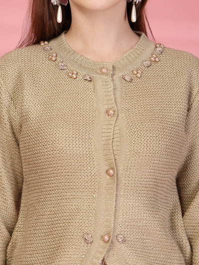 Beige Embellished Knitting Cardigan Knitted Button-Down Woollen Cardigan, product photo showing color, pattern, and knit texture on a plain background