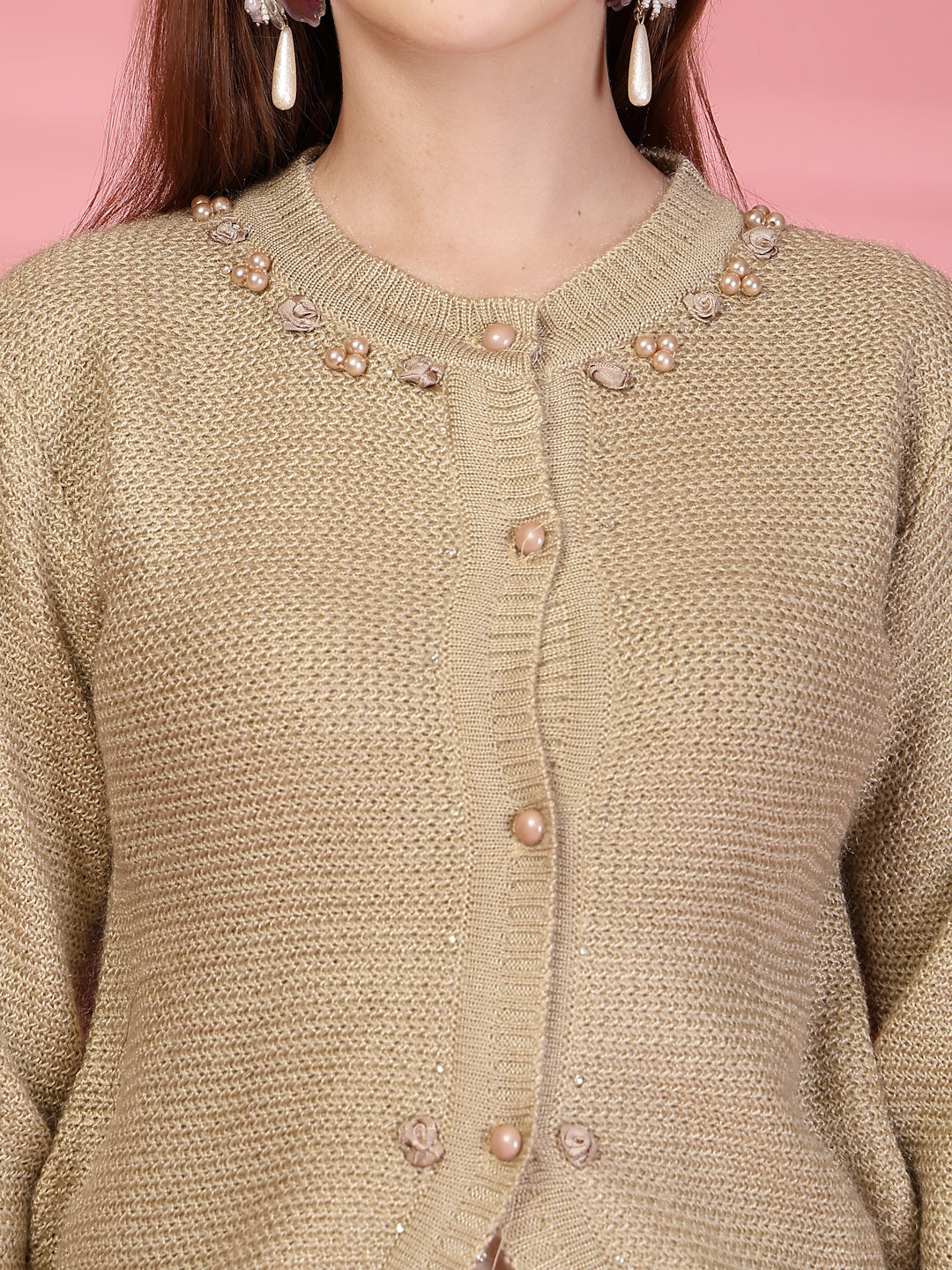 Beige Embellished Knitted Button-Down Woollen Cardigan