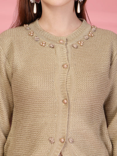 Beige Embellished Knitted Button-Down Woollen Cardigan