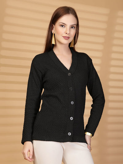 Black Textured Button-Down Woollen Cardigan