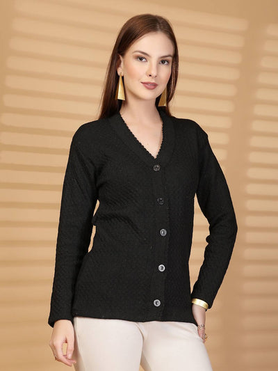Black Textured Knitting Cardigan Button-Down Woollen Cardigan, product photo showing color, pattern, and knit texture on a plain background